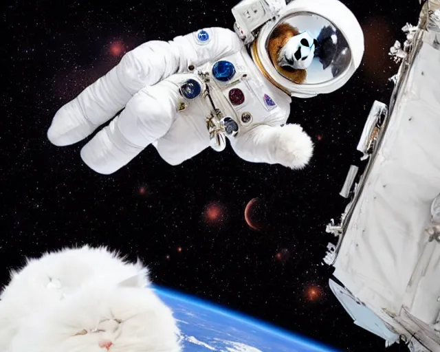 Prompt: an adorable fluffy white cat astronaut in space 🧑‍🚀 🐱 🛰️