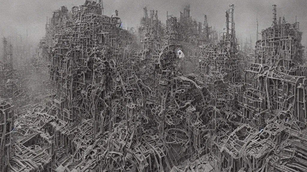 Prompt: A mechanical wasteland of large intricate constructs. Masterpiece by Zdzisław Beksiński and Adolf Lachman