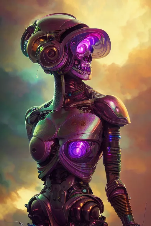 Image similar to ultra detailed, female android, scifi, fantasy, octane render, ( dia de los muertos, triadic color scheme, asymmetrical, intricate detailed, global illumination, concept art, art by michael welan and rossdraws and artgerm and greg rutkowski and alphonse mucha and loish and wlop. 8 k, hdr