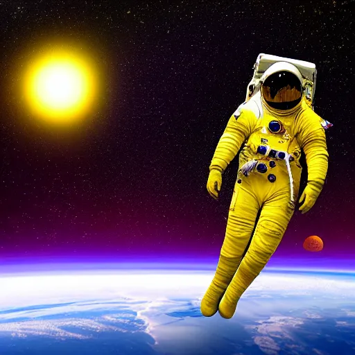 Image similar to astronaut in space, galactic background reflections on suit on one side and a yellow planet on the other side