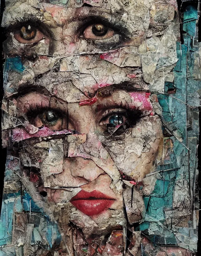 Prompt: wondering screams eye beams detailed analogue mixed media collage with canvas texture in style of contemporary art, punk art, hyperrealistic beautiful face, photorealistic, expressionism, masterpiece, perfect composition, spectacular quality torn paper, intricate oil details, broken glass