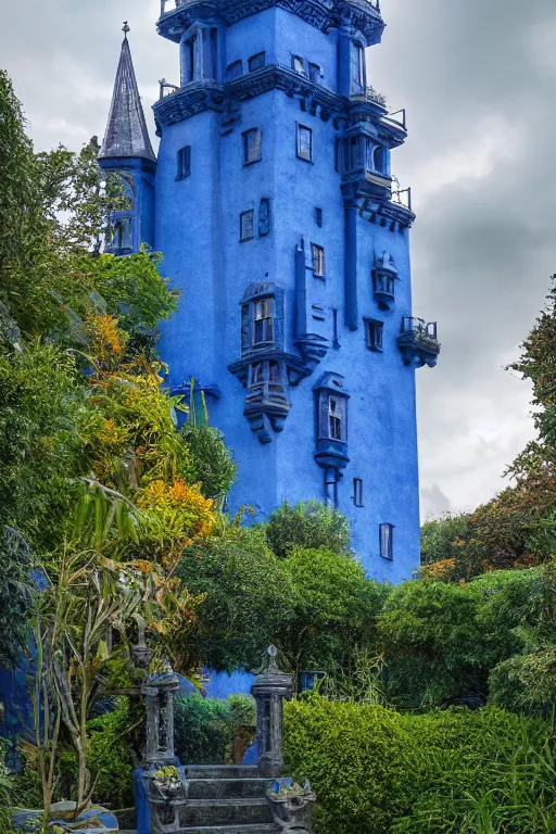 Prompt: view of the mysterious blue tower in its gardens after a storm, tall windows lit up, beautiful ornament, dramatic cinematic lighting, rich colors, by Ludwig Deutsch and April Gornik and Nicholas Roerich and Sylvain Sarrailh