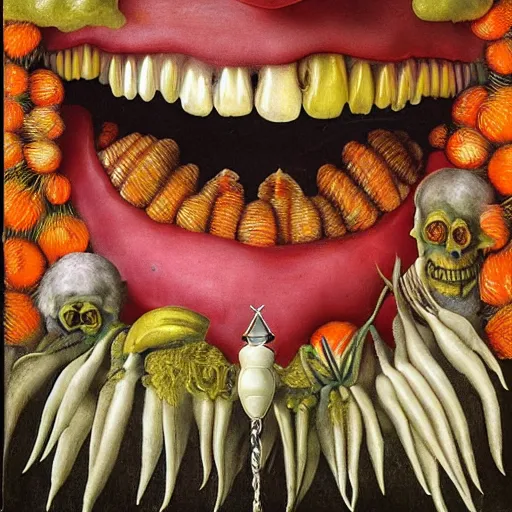 Image similar to album cover, teeth, black, white, orange, psychedelic, giuseppe arcimboldo