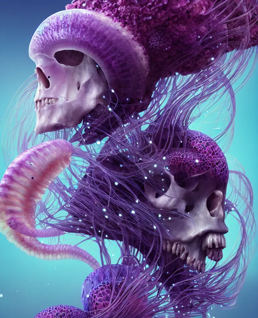 Image similar to goddess princess face close-up portrait ram skull. jellyfish phoenix head, nautilus, orchid, skull, betta fish, bioluminiscent creatures, intricate artwork by Tooth Wu and wlop and beeple. octane render, trending on artstation, greg rutkowski very coherent symmetrical artwork. cinematic, hyper realism, high detail, octane render, 8k