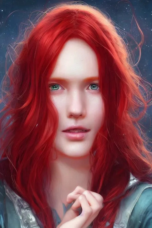 Prompt: beautiful cute red haired joyful and playful 1 9 year old teen, full portrait, long hair, sci - fi, fantasy, intricate, elegant, digital painting, artstation, concept art, smooth, sharp focus, 8 k frostbite 3 engine, ultra detailed, art by artgerm and greg rutkowski and magali villeneuve