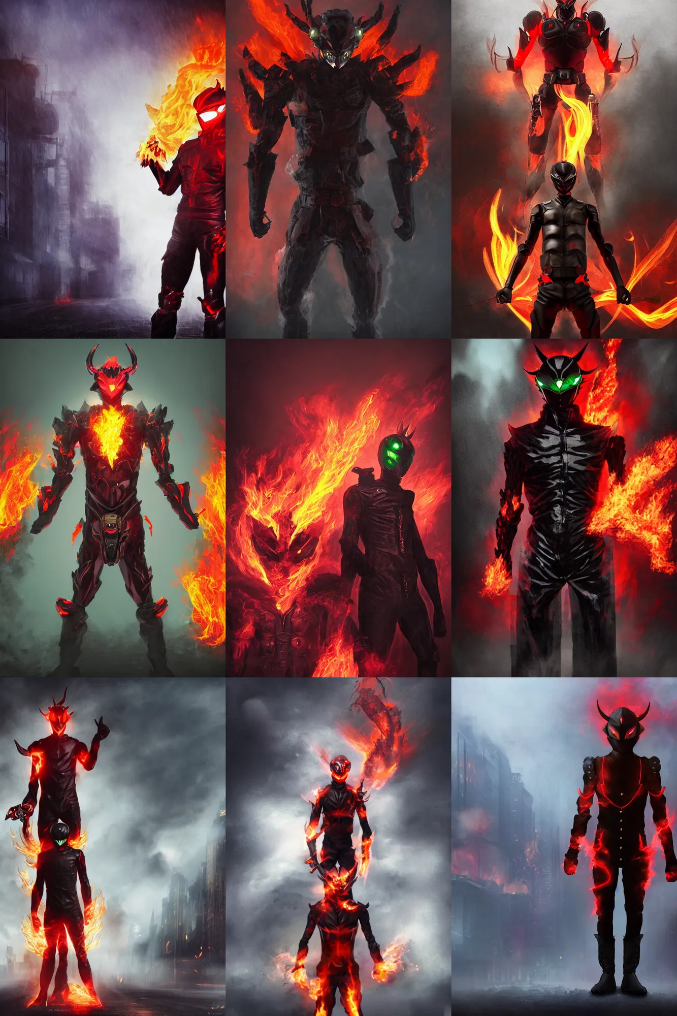 Prompt: character portrait of a demonic monster kamen rider with fire eyes doing a henshin pose standing in a misty city street, wielding fire, monster made out of fire, matte painting, dramatic lighting, 8 k, rubber suit, digital painting, concept art, muted colors, red colors, moody colors, broken pipes, in the style of frank frazetta