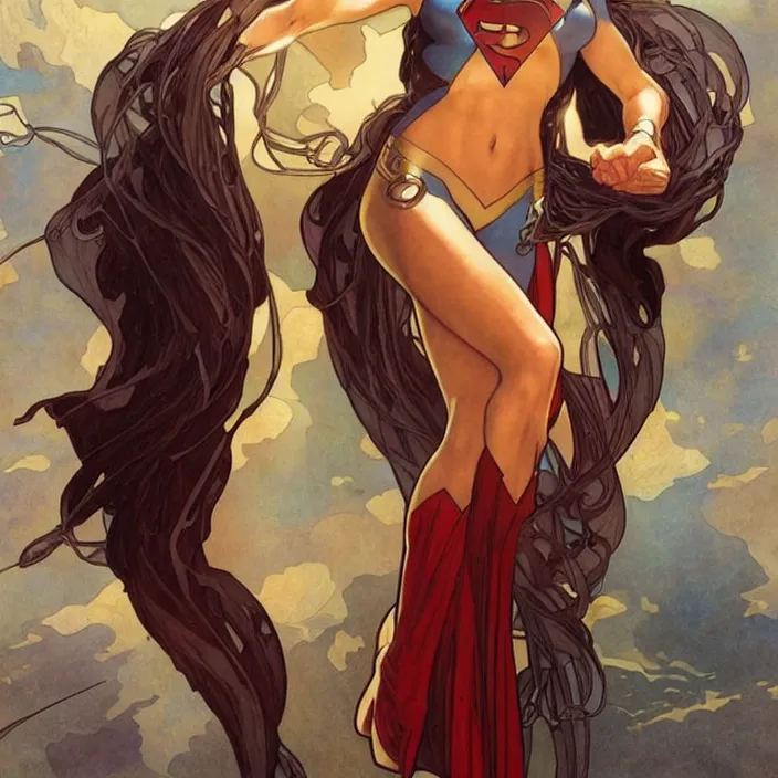 Image similar to megan fox as female superman by artgerm, greg rutkowski, alphonse mucha