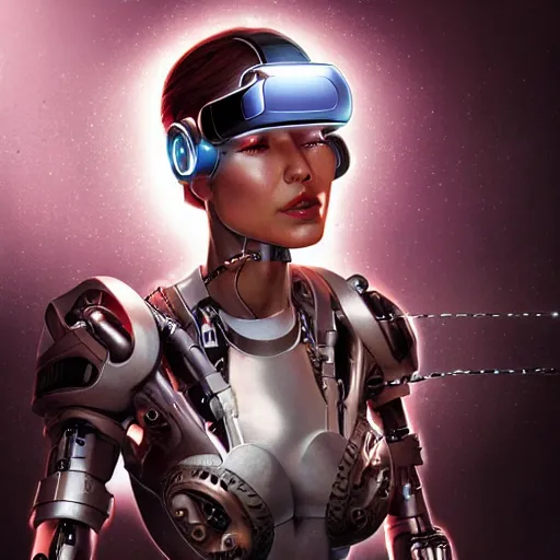 Image similar to portrait of a female cyborg character, chrome, vr headset, wires, side profile, in style of a magic the gathering trading card with high details