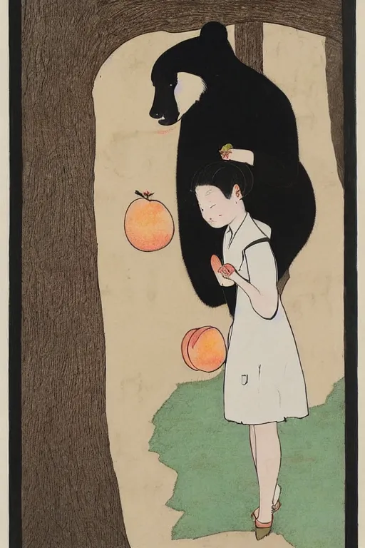 Prompt: portrait of a girl giving a peach to a large anthropomorphic asian black bear, in the style of foujita tsuguharu