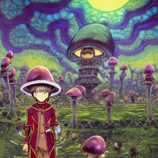 Image similar to anime 4 k headshot portrait of a psychedelic demonic anthropomorphic insect knight with mushroom themed clothes, magic mushroom village in background by jeff easley, award winning, stylized neon, post - processing, masterpiece, superb resolution. in the art style of junji ito and greg rutkowski. detailed mushroom city in background. hyper realistic anime. perfect art. dalle 2