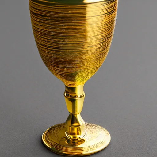 Image similar to goblet, gold cup, scratched metallic pattern, particles defocused, haze