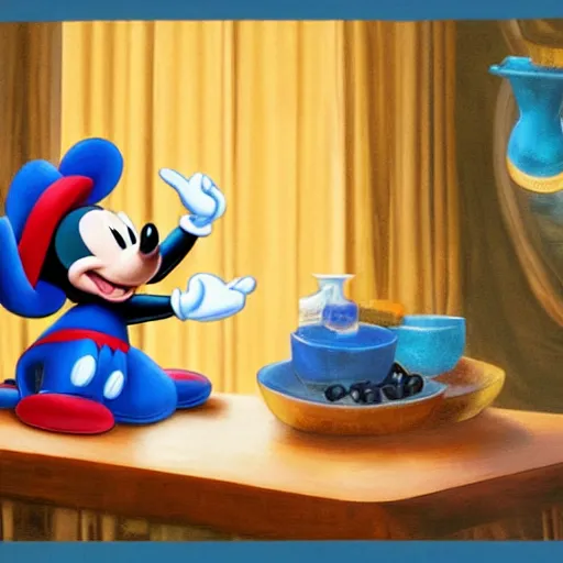 Image similar to mickey mouse with a blue hat on top of a table, a storybook illustration by walt disney, behance, magic realism, fantasy, mystical, reimagined by industrial light and magic