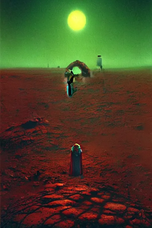 Prompt: glowing green alien crystals irradiating zombie infested, orange and red martian wasteland, survival post - apocalyptic, curiosity rover, beksinski, dark sci - fi