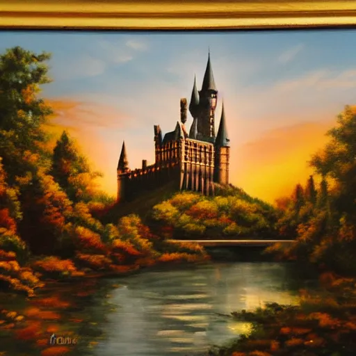 Prompt: oil painting of hogwarts castle, sunset