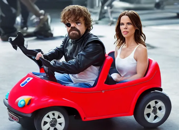 Prompt: peter dinklage and kate beckinsale driving a little tikes cozy coupe, movie still, from the new fast and furious tokyo drift movie, 8 k, realistic