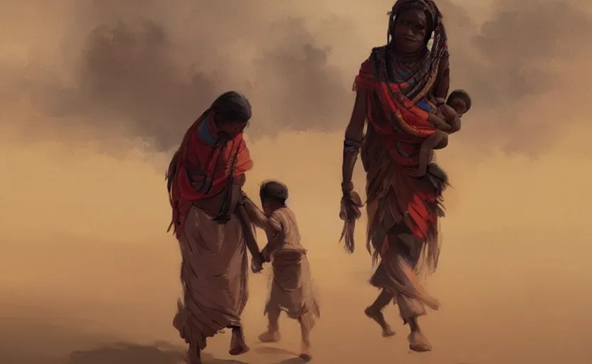 Image similar to A painting of a Tribal Woman carrying a Child trending on artstation in the style of Greg Rutkowski