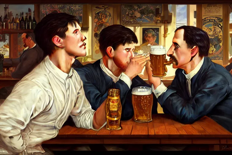 Image similar to portrait painting of wright brothers drinking beer together, ultra realistic, concept art, intricate details, serious, highly detailed, photorealistic, octane render, 8 k, unreal engine. art by artgerm and greg rutkowski and alphonse mucha