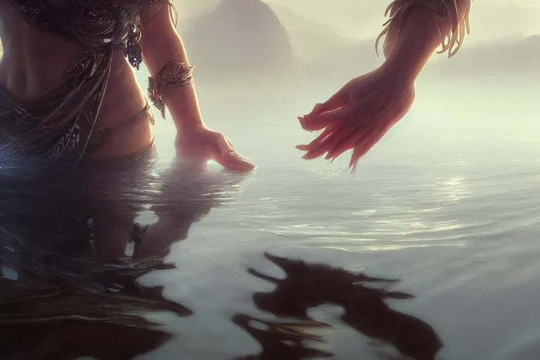 Image similar to first person perspective of a woman looking at her hands full of rings, the woman is reflected in the water of a lake, in the style of ruan jia, illustration, epic, fantasy, hyper detailed, smooth, unreal engine, sharp focus, ray tracing