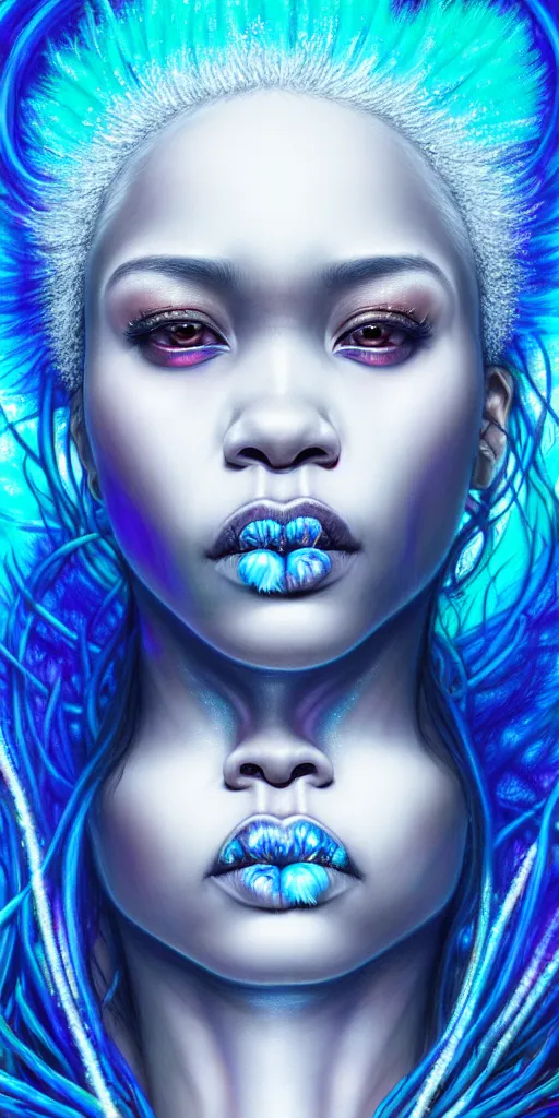 Image similar to hyperrealistic intricate close-up of beautiful black woman with white hair and pearlescent blue skin hannah yata machiej kuciara dramatic neon lighting on one side