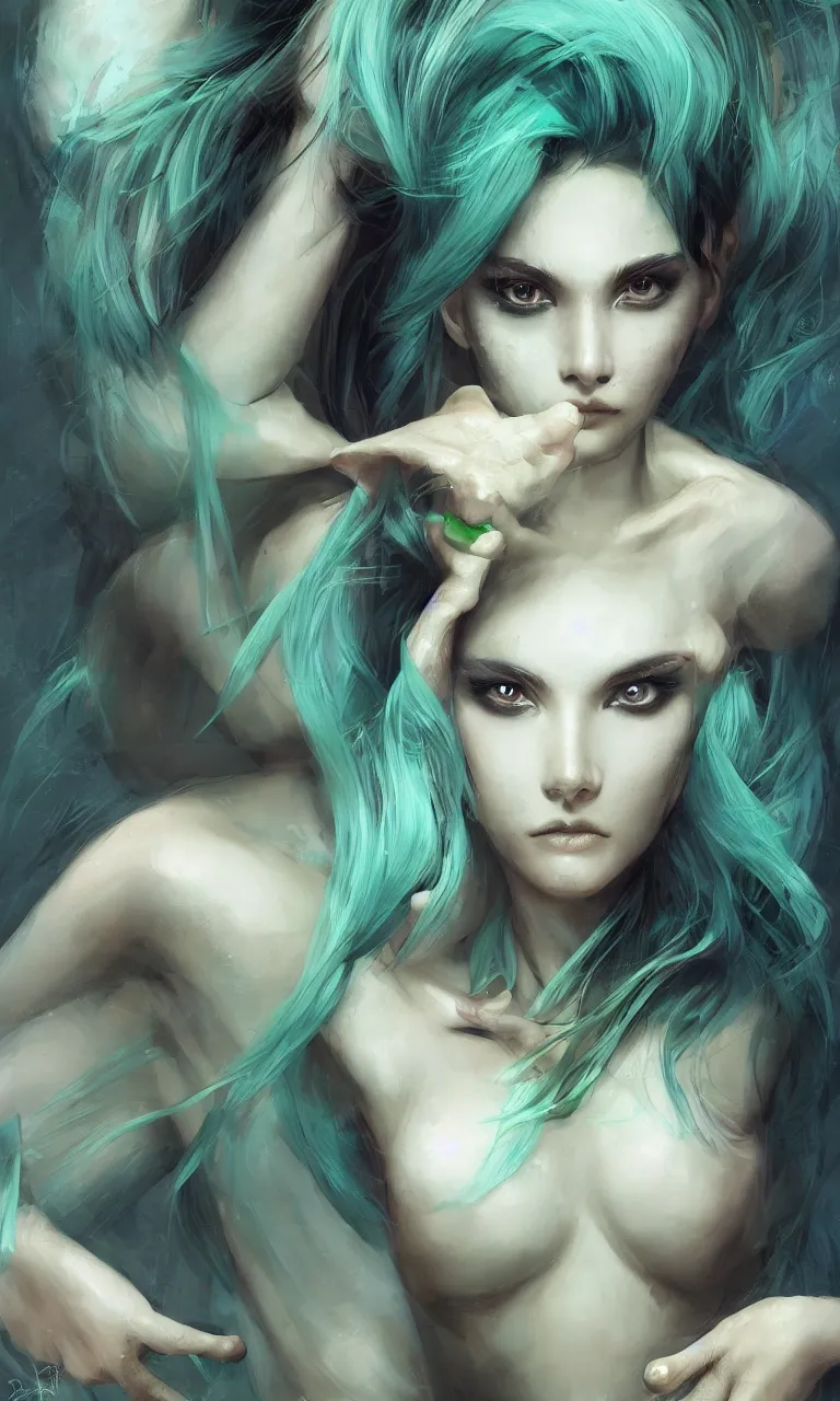 Prompt: frontal simmetrical portrait of a lovely rare creature ,she is like a top model body woman with a round skull, small black eyes, blue-green fish skin, long fingers with membranes on hands and feet, fine and shiny moist skin incredibly attractive, by Stanley Artgerm Lau, WLOP, Rossdraws, ArtStation, CGSociety, concept art, cgsociety, octane render, trending on artstation, artstationHD, artstationHQ, unreal engine, 8k, cinematic lighting