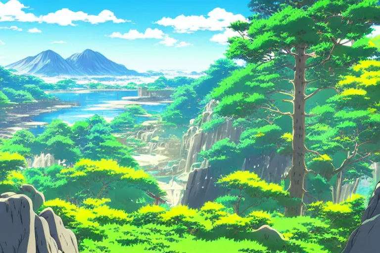 Image similar to beautiful landscape scenery by miyazaki, anime poster, cel shaded