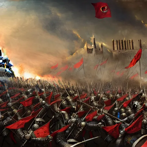 Prompt: The fall of Constantinople, battle of 1453, conquest by Sultan Mehmed II, Ottoman Empire, soldiers charging into battle, super detailed, 4k cinematic, cgsociety, trending on ArtStation