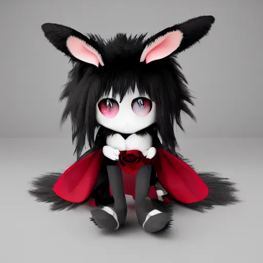 Image similar to cute fumo plush bunny girl, floppy ears, gothic maiden, alert, furry anime, tattered angel, vray