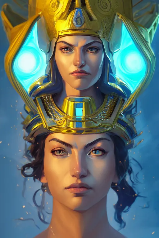 Image similar to The Godess Hera looking angry, detailed armor, portrait radiating a glowing aura, highly detailed, digital painting, artstation, concept art, smooth, sharp focus, beautiful face, symmetric face, enchanted, official fanart, behance, HD, blue and yellow theme, by Makoto Shinkai