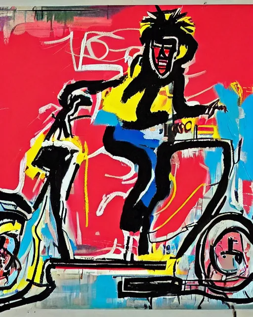 Prompt: asian school boy riding moped in the style of jean - michel basquiat, makoto kobayashi