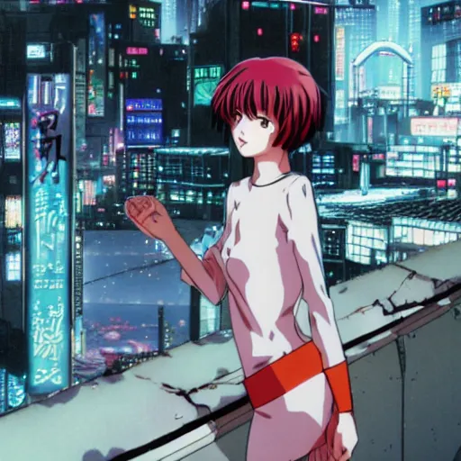 Prompt: Rei ayanami looking out over a destroyed Neo Tokyo 3