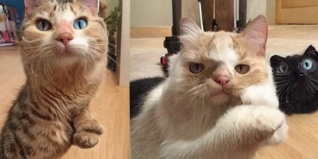 Image similar to one day a very serious cat met a very silly cat, the results were unexpected and hilarious