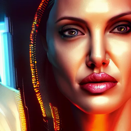 Image similar to angelina jolie portrait, Cyberpunk 2077, cyberpsycho, photorealistic, ultra detailed, neon, octane, bokeh, cyber, cyberpunk city, feature, scars, cyberface, 8k