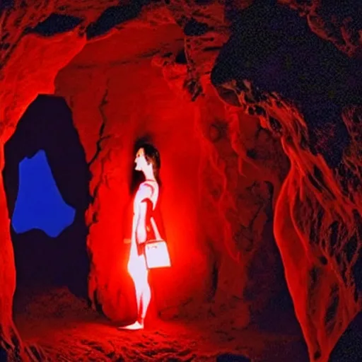 Image similar to style of Henry Peach Robinson:: The interior of an cave lit in red:: symmetrical detailed woman Stella Maeve who is screaming scared face:: blue neon light coming from the back of the cavern:: mysterious atmosphere::