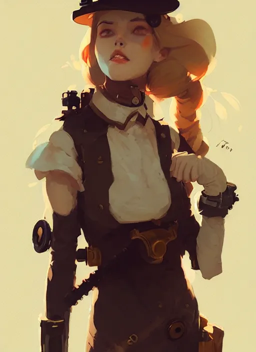 Image similar to portrait of cute maiden girl, steampunk by atey ghailan, by greg rutkowski, by greg tocchini, by james gilleard, by joe gb fenton, by in kaethe butcher, dynamic lighting, gradient light yellow, brown, blonde cream and white color in scheme, grunge aesthetic