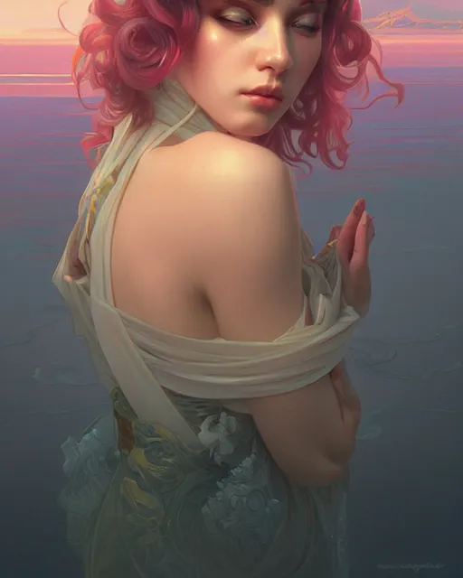 Image similar to emily rajtkowski, vaporwave, highly detailed, digital painting, artstation, concept art, smooth, sharp focus, illustration, art by artgerm and greg rutkowski and alphonse mucha