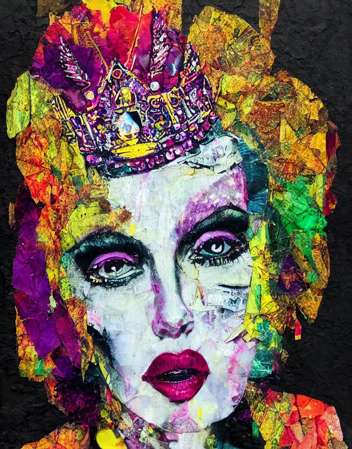 Prompt: divine psychic crowned queen with all the vivid colors detailed analogue mixed media collage with canvas texture in style of contemporary art, punk art, hyperrealistic beautiful face, photorealistic, expressionism, masterpiece, perfect composition, spectacular quality torn paper, intricate oil details, broken glass
