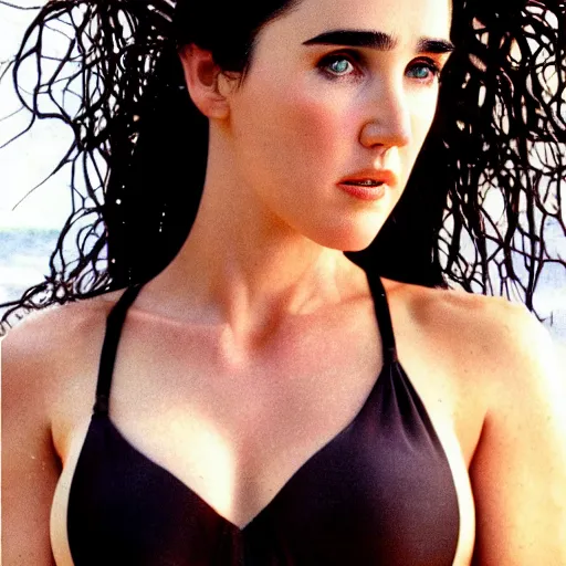 Image similar to Portrait Photography, medium closeup of young jennifer connelly poses in 2 Piece Mini Micro Push Up Swimsuits at summer beach, confident pose, fierce expression, intricate details, detailed face, detailed illustration, impressive lighting, symmetrical features, ultra detailed, 12 megapixels