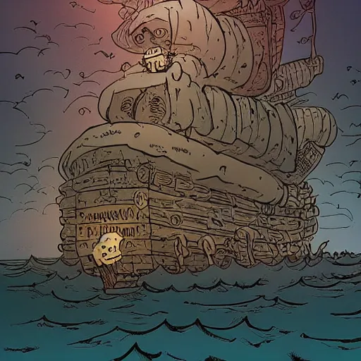 Image similar to treasure map adventures : : 1, large pirate ship, mike mignola style, comics, beautiful composition, wide angle, colorful, cinematic, volumetric lighting, intricate details