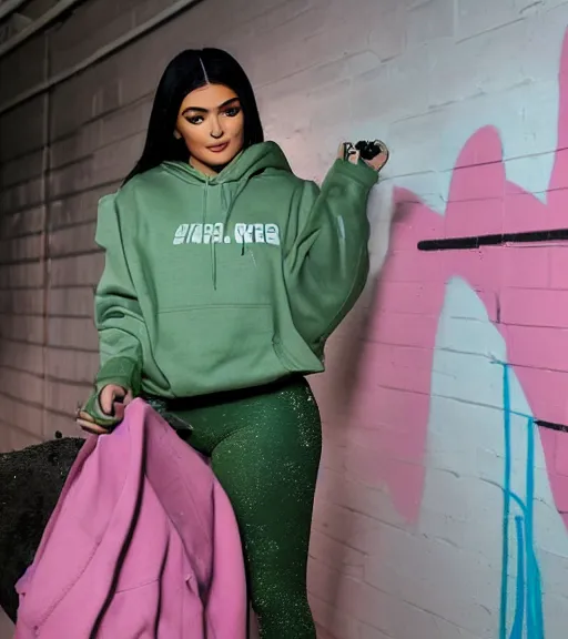 Prompt: kylie jenner doing graffiti in a derelict garage, dust mist, rural, rear shot, tight leggings with a pink hoody, mold, greenery