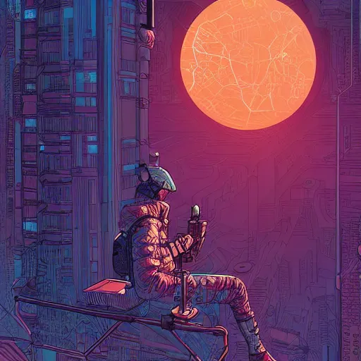 Image similar to Stunningly intricate illustration of single cyberpunk explorer overlooking lush forest, highly detailed, midnight, small glowing orbs by Josan Gonzalez and James Gilleard , Moebius, Laurie Greasley