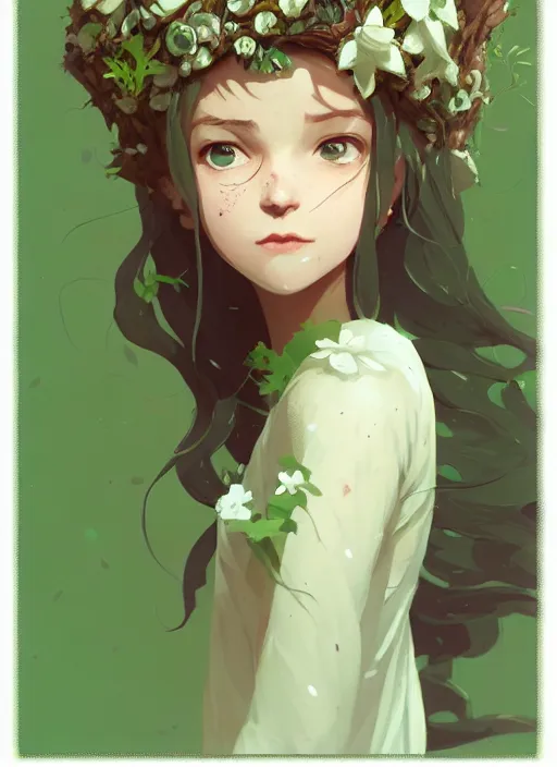 Prompt: portrait of cute fairy girl with crown of flowers in plants clothes, fantasy, by atey ghailan, by greg rutkowski, by greg tocchini, by james gilleard, by joe gb fenton, by kaethe butcher, dynamic lighting, gradient light green, brown, blonde cream and white color in scheme, grunge aesthetic