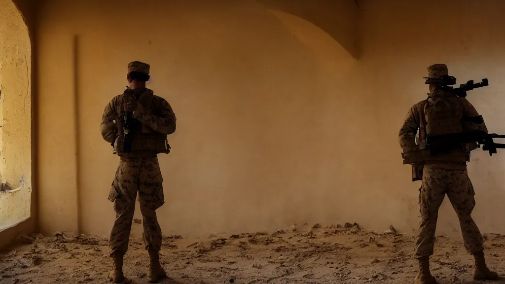 Image similar to film still of a marine soldier with a sniper rifle on his back standing in a dusty room with traditional colorful carpets on the wall in front of a sandy window. moody, grainy, 4 k, high detail, aesthetic, good composition, anatomically correct, directed by clint eastwood,