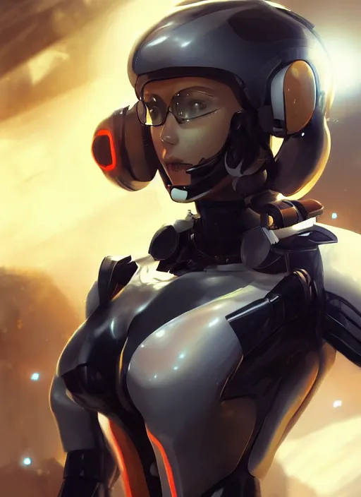 Image similar to Digital painting of a female mech pilot in a black latex bodysuit, by Ross Tran, WLOP, concept art, Artstation, 00s anime, bokeh background, complementary rim lighting, posing, no helmet