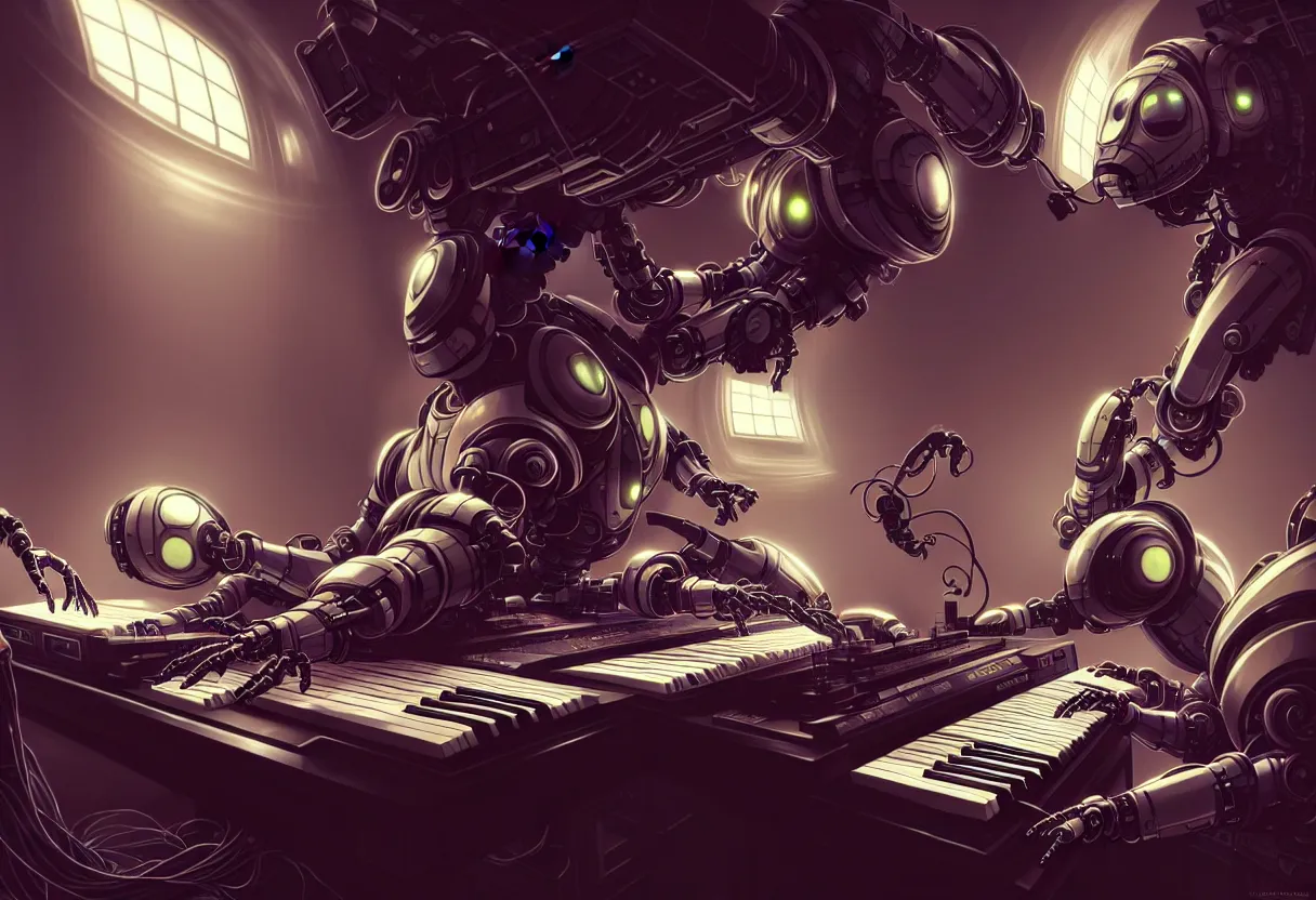 Prompt: beautiful render, funny synthesizer robot playing keyboards, ONE ROBOT, symmetry, cyberpunk, sci-fi, fantasy, intricate, elegant, highly detailed, digital painting, artstation, concept art, smooth, sharp focus, octane render, dramatic lighting, art by artgerm and greg rutkowski and alphonse mucha and wlop