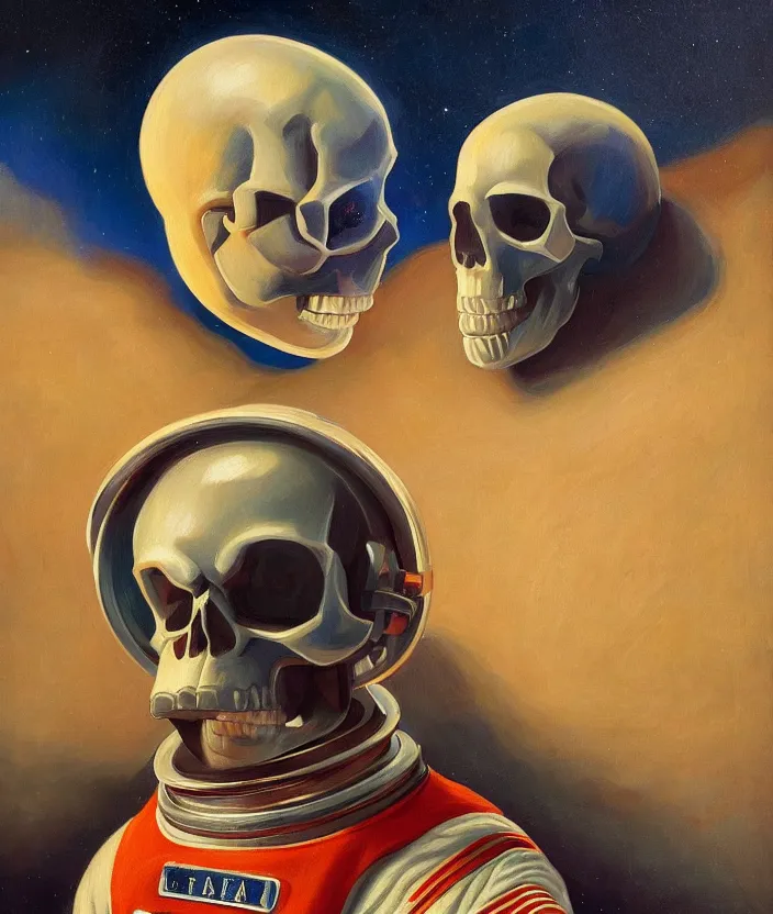 Prompt: a portrait of an astronaut with a skull head standing in front of the entrance to ethereal realm, cinematic and highly detailed oil painting by josep tapiro baro and edward hopper, trending on artstation, oil painting masterpiece, symmetry, mysterious, very aesthetic, cinematic and dramatic red light, 4 k,