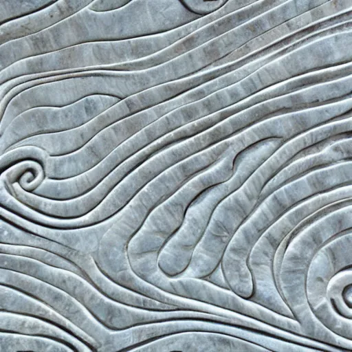 Prompt: thin lines, fractals, lichen macro, serpentine twisty maze, carved soapstone relief paneling white and pale blue