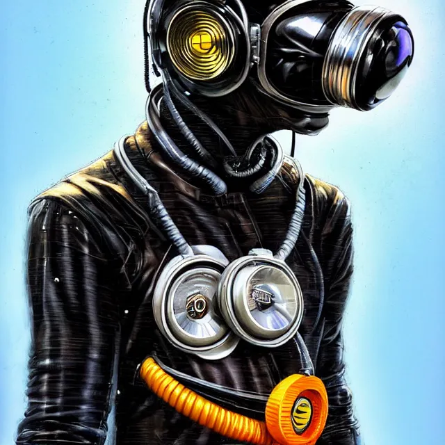 Prompt: a portrait of an anthropomorphic cyberpunk chimp in a racing helmet by sandra chevrier, detailed render, tape deck, boombox, headphones, epic composition, cybernetics, 4 k realistic, cryengine, realistic shaded lighting, sharp focus, masterpiece, by matteo scalera, gary montalbano, peter elson in the style of the tokyo ghost comic