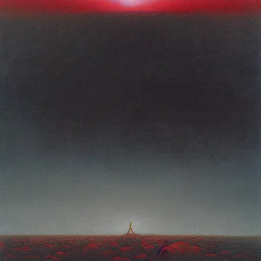 Image similar to The end of the world | a giant standing over the earth | Masterpiece Art by beksinski | Matte painting | Oil on canvas | Digital art | Fantastic and Ominous lighting with red and yellow gradient | Immensity | Romantic art