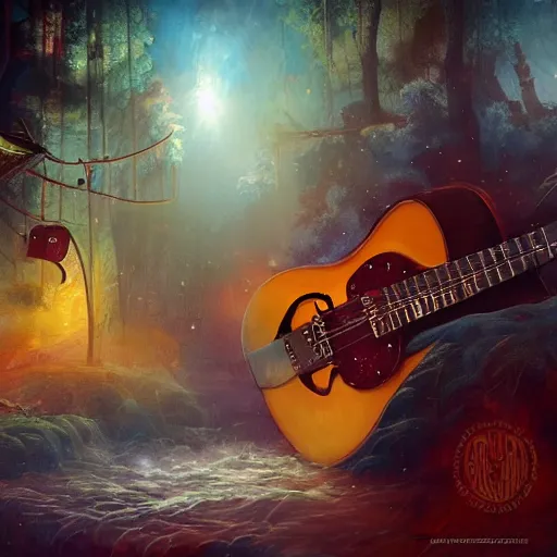 Image similar to world of guitar , guitar as a character of magical world , realistic, concept art trending on artstation, devainart,illustration, atmospheric, hyperreal, hyperdetailed, 8k,hd