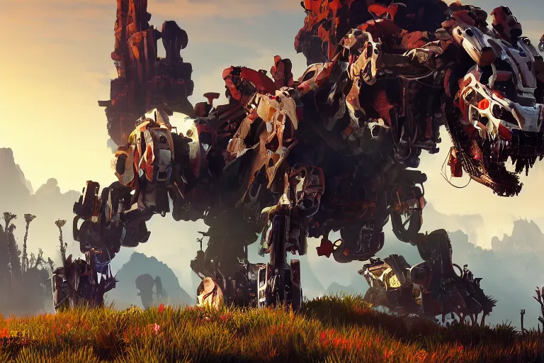 Image similar to behemoth machine mecha animal beast robot of horizon forbidden west horizon zero dawn bioluminiscence global illumination ray tracing hdr fanart arstation by sung choi and eric pfeiffer and gabriel garza and casper konefal